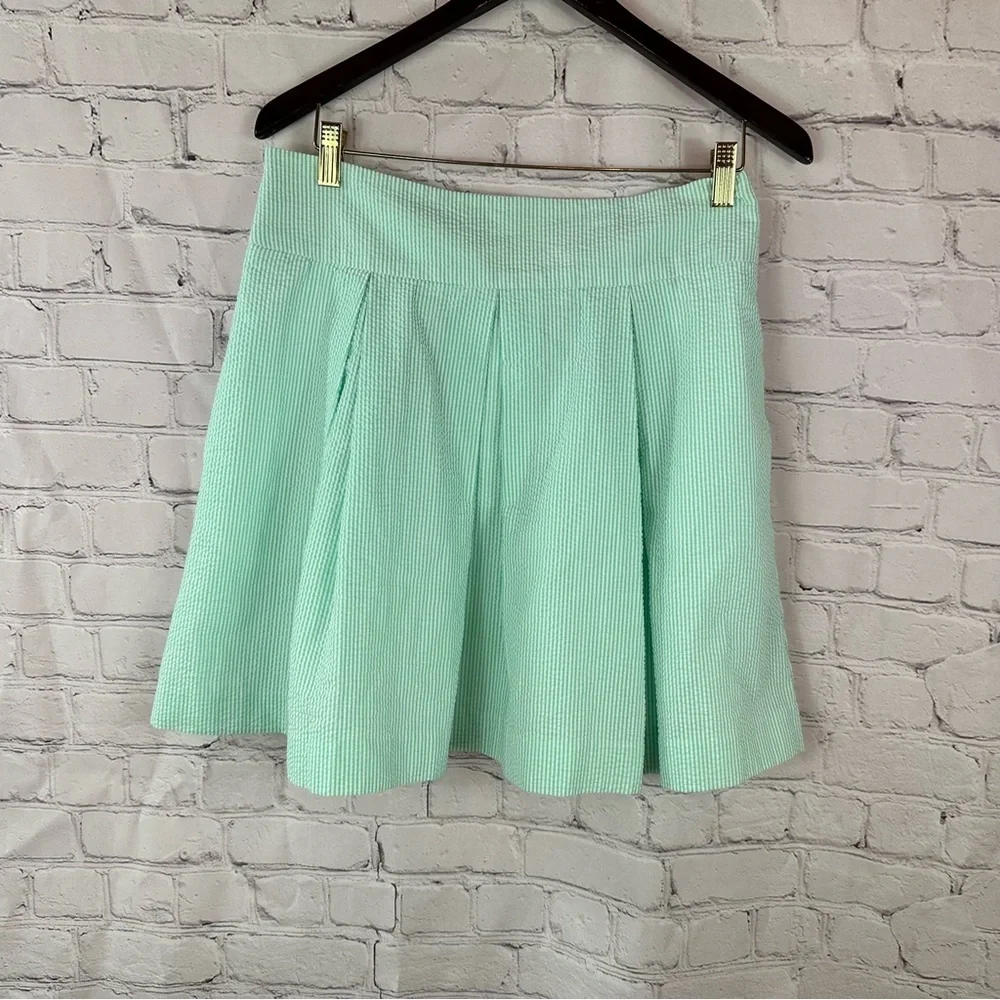 Lauren James mint Green stripe seersucker pleated Skater Skirt womens L
